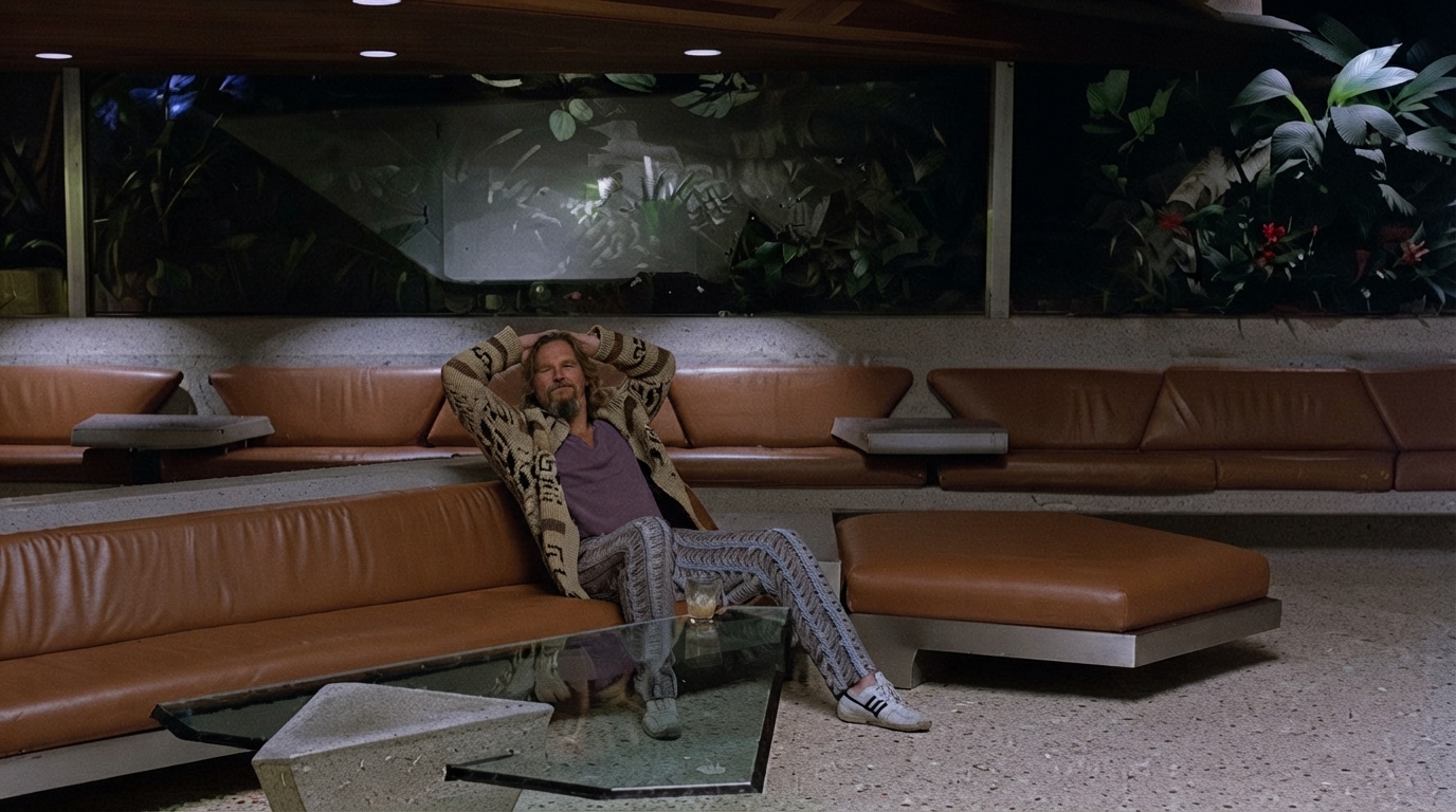 Interior da sala de estar da Sheats-Goldstein Residence com sofá curvo de couro, teto angular de concreto com aberturas de vidro redondas e vista para a piscina e o horizonte de Los Angeles