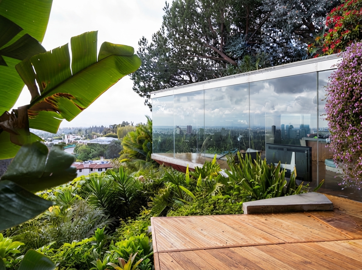 Deck externo da piscina com borda infinita projetada sobre a falésia em meio a vegetação tropical e teto angular de concreto suspenso
