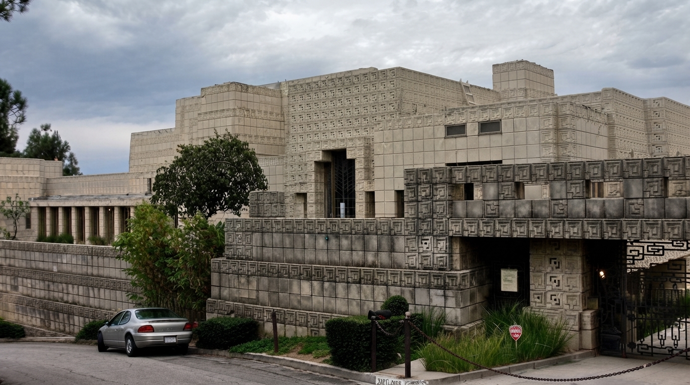 Pasillo interno de la Ennis House con columnas de bloques mayas y ventanas estrechas que proyectan haces de luz y sombra sobre el suelo pulido