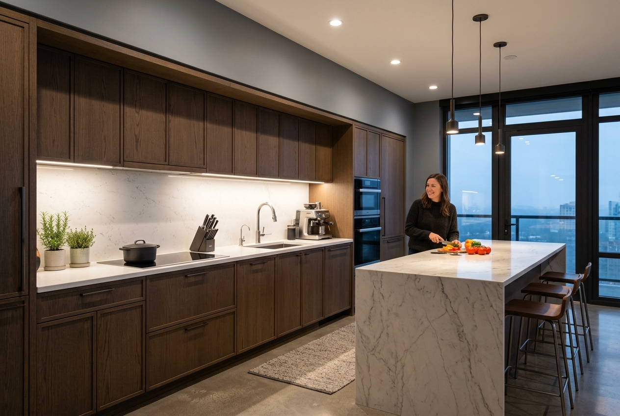 Cozinha contemporânea com fita de LED neutra 4000K sob armários superiores iluminando bancada de quartzo