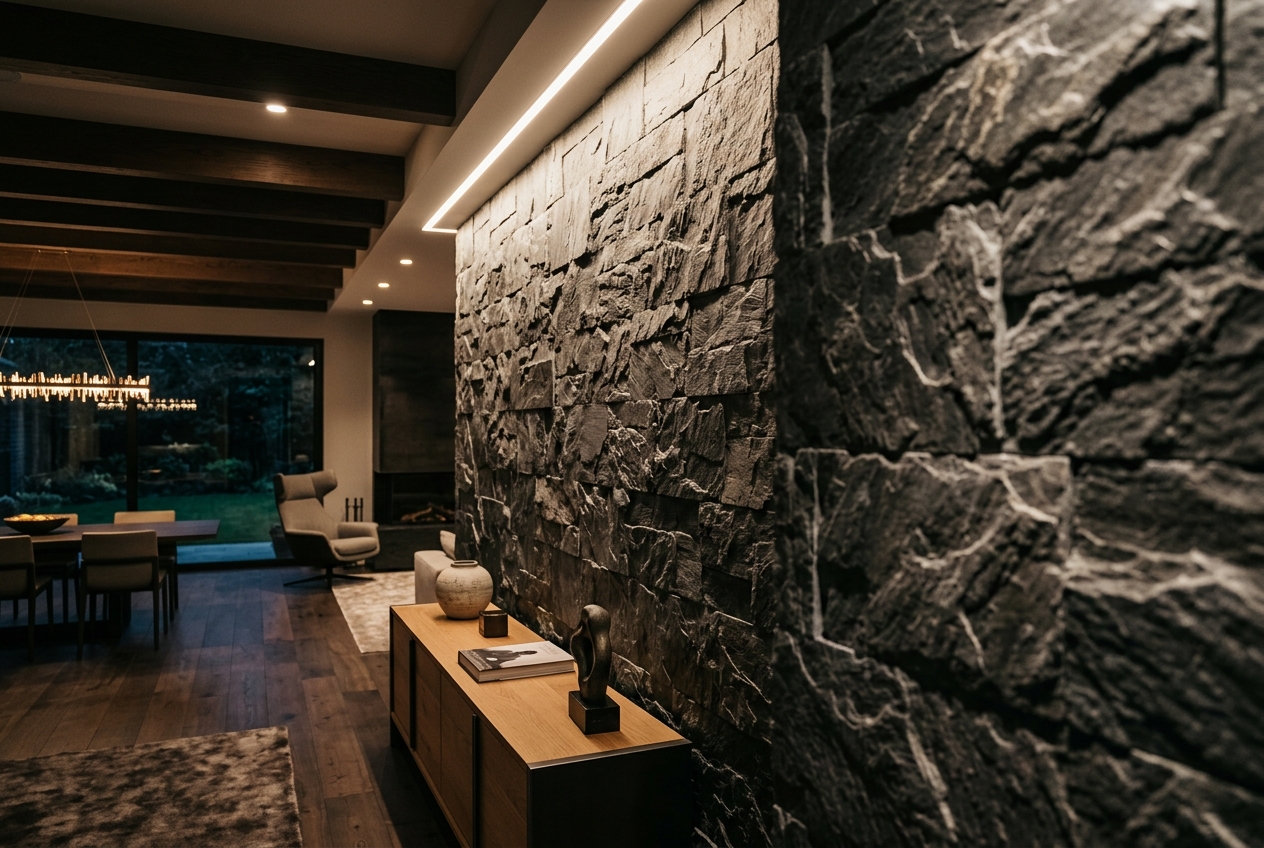 Parede de pedra natural destacada por iluminação de LED quente raspante revelando os relevos minerais