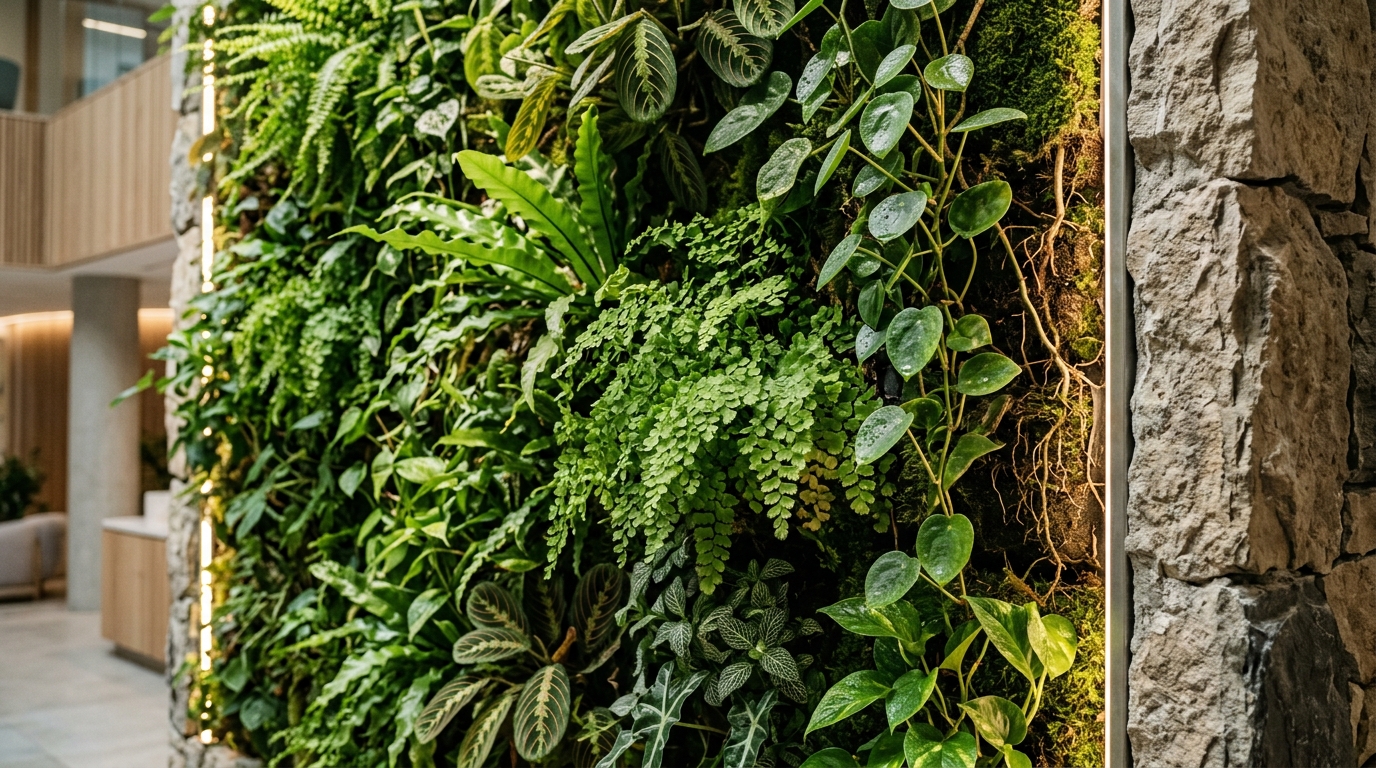 Varanda integrada à sala de estar brasileira com vegetação tropical exuberante, pedra natural e atmosfera acolhedora