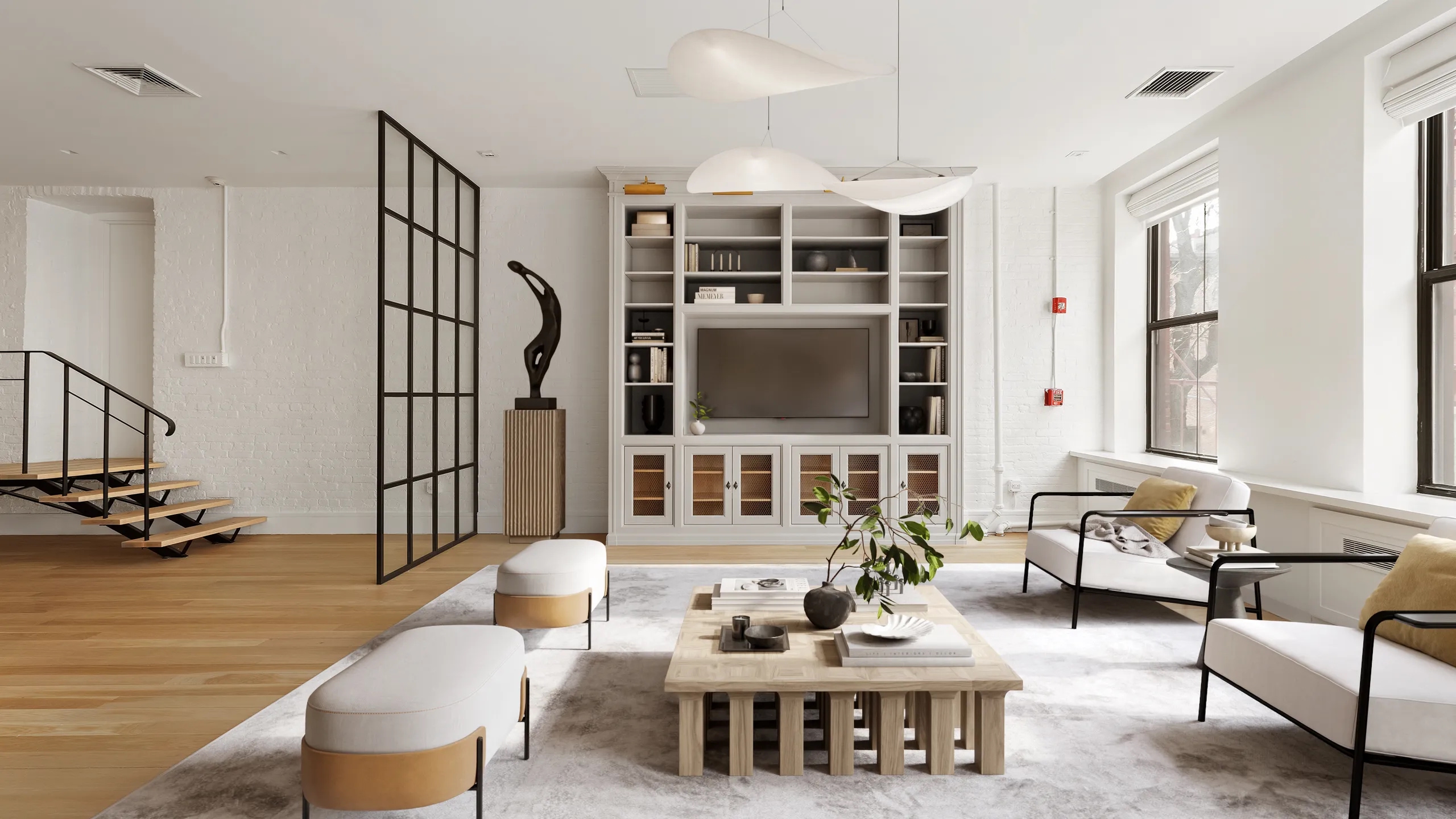 Interior do Loft em NoHo Nova York projetado por Nate Berkus com tijolos aparentes vigas industriais e estofados neutros elegantes