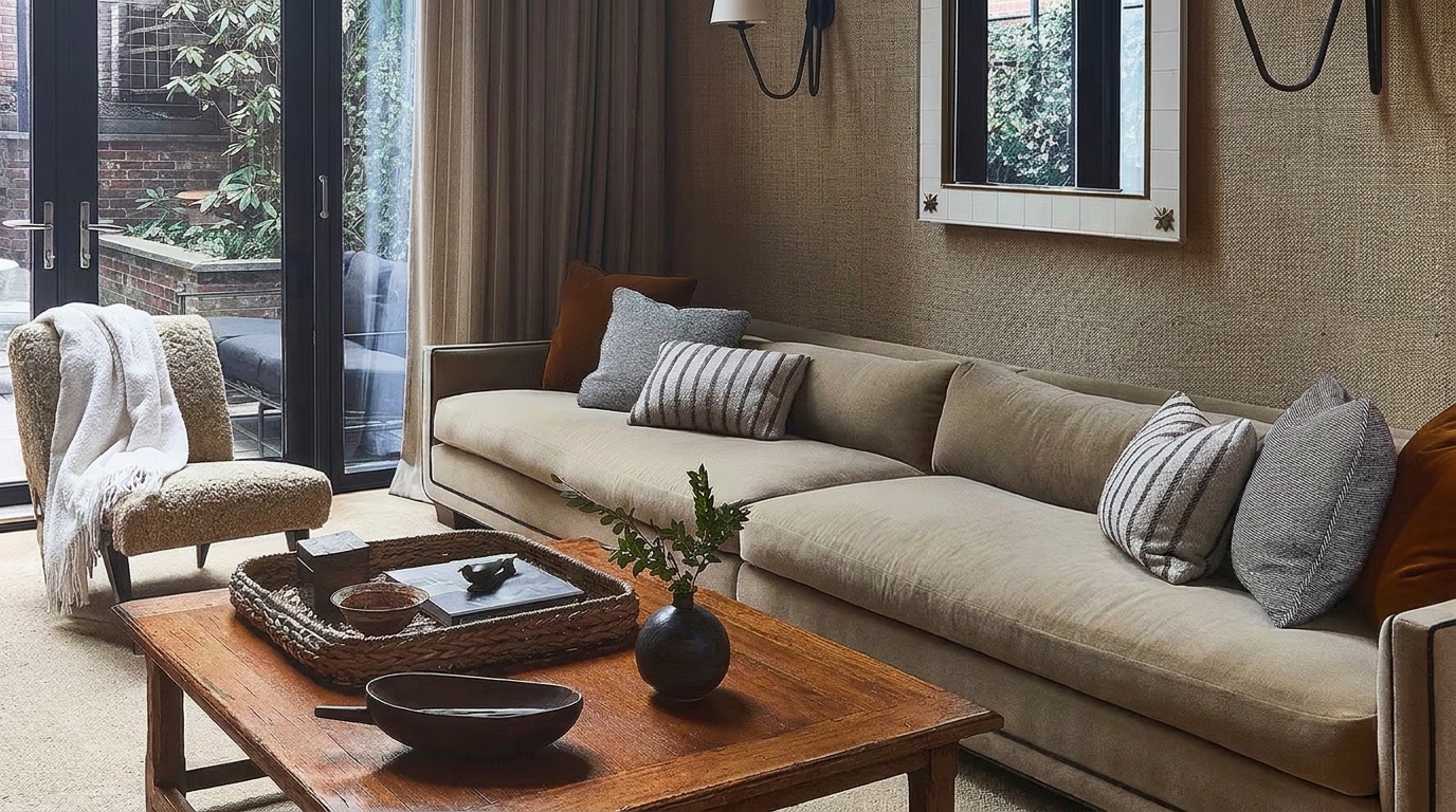 Sala da Townhouse em West Village por Nate Berkus com lareira de mármore e espelho francês antigo