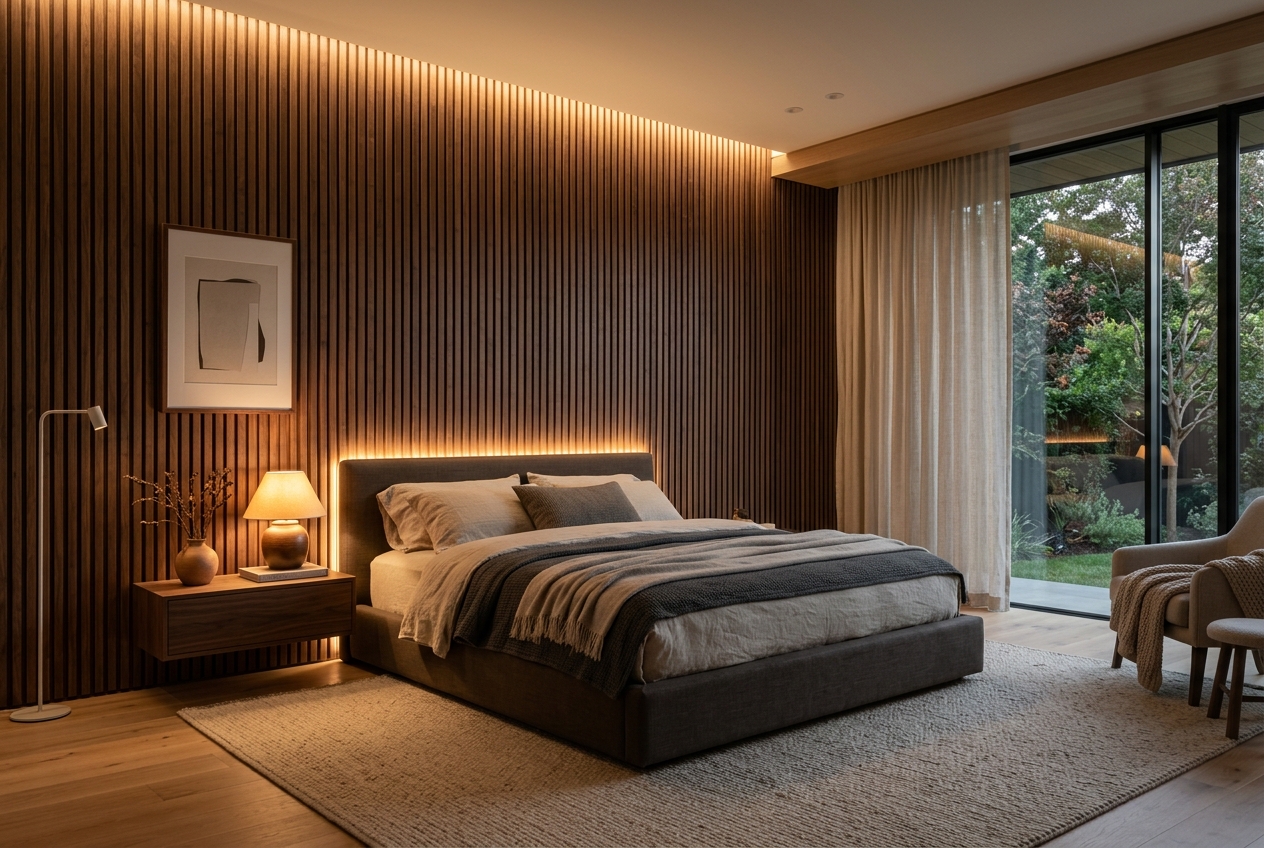 Quarto moderno com painel ripado de madeira nobre na cabeceira da cama com iluminação embutida estilo Japandi